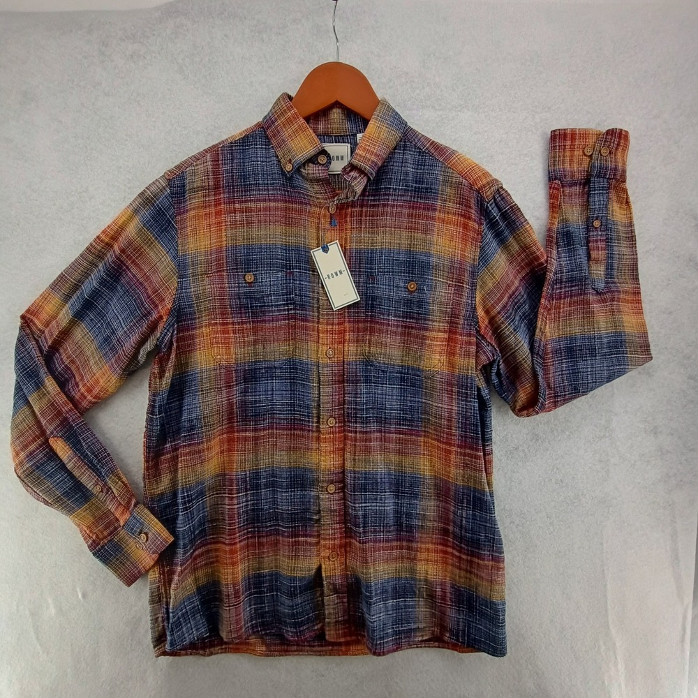 ROWM Mens Button Down Shirt Cinnamon Plaid Textured Cotton Long Sleeve Small NWT